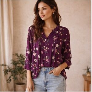 Monday Fun Floral Blouse Medium Purple Rayon 3/4 Sleeve Stitch Fix Boho NWOT